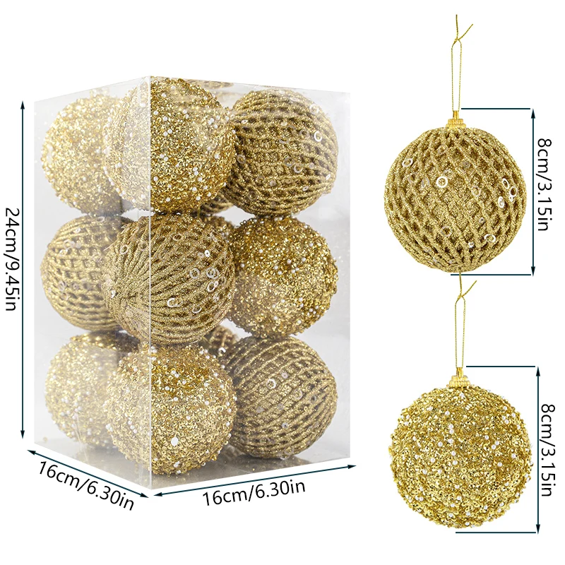 12Pcs 8cm Christmas Tree Balls Ornament Big Glitter White Red Xmas Tree Hanging Pendant Decoration For Home 2025 New Year Gift