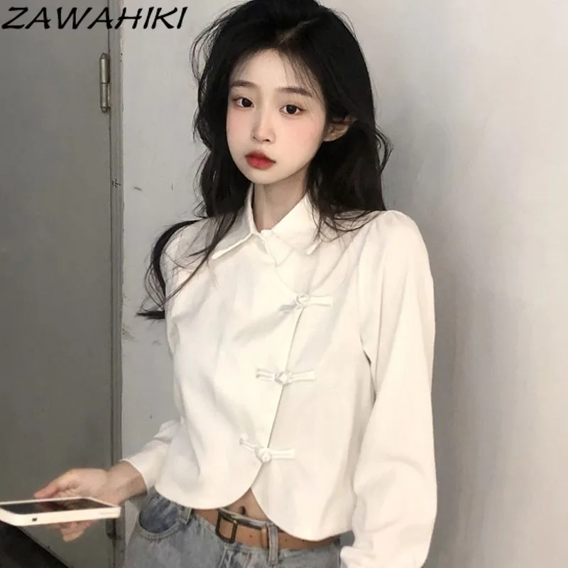 

Белый женский топ в китайском стиле, Милая женская рубашка-поло в стиле преппи, женская рубашка в стиле пэчворк, модный дизайнерский однотонный кроп-топ