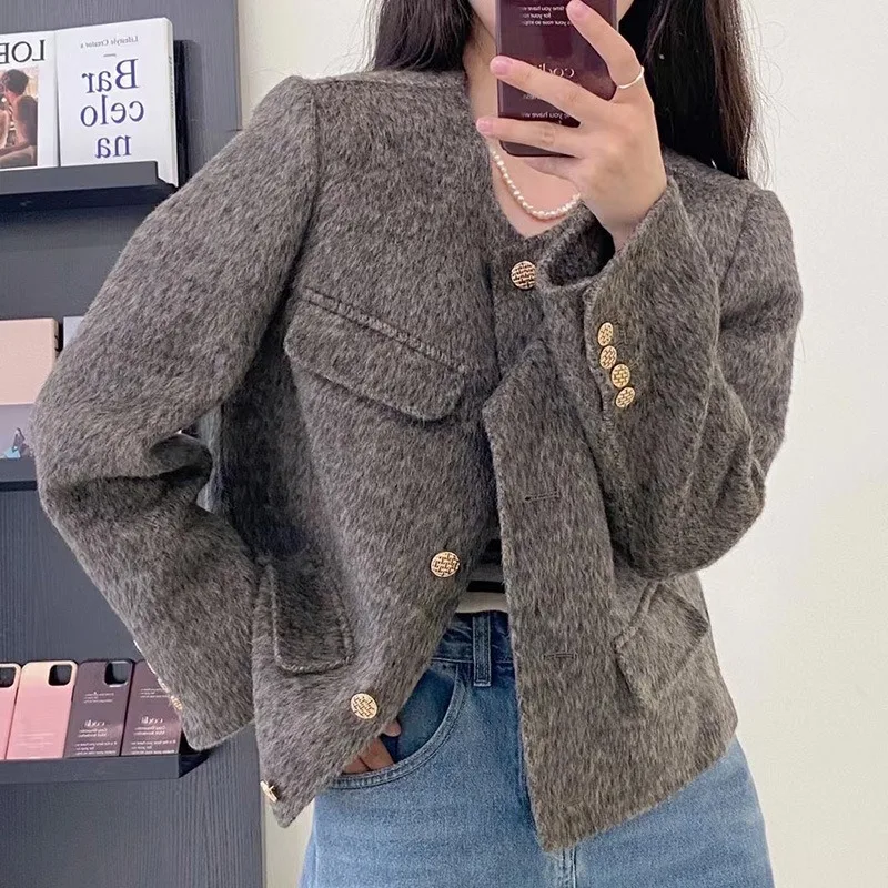 

Fall Winter Warm Double-sided Tweed Jacket Women Fashion Luxury Commuter Long-sleeved Round Neck Single-breasted Short Top Coats