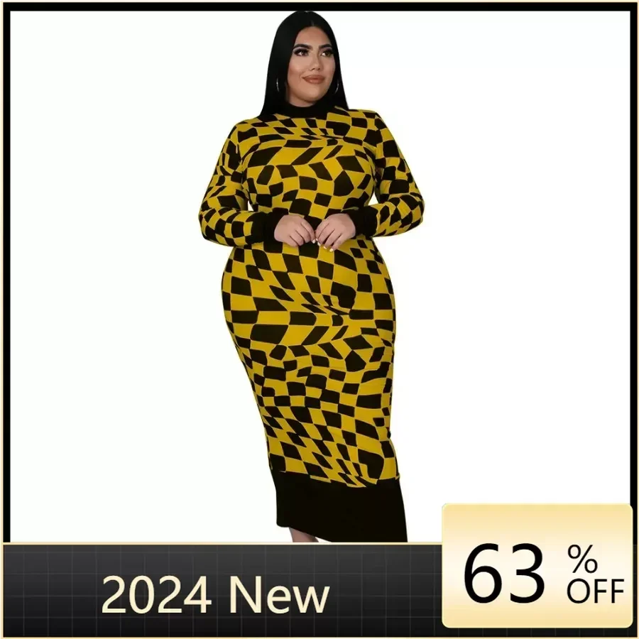 Women Plus Size Dress Print Full Sleeve O-neck Zipper Stretchy Skinny Pencil Dresses Vintage Vestidos Autumn Outfit 2024