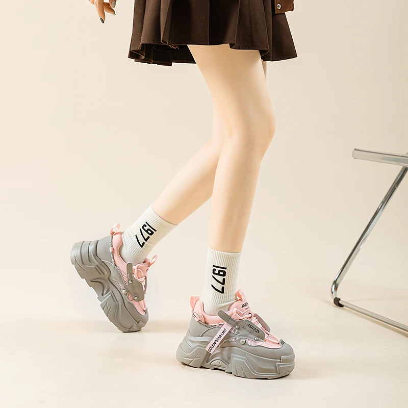 6CM Wedge Chunky Sports Sneakers: Lace-Up Air Mesh