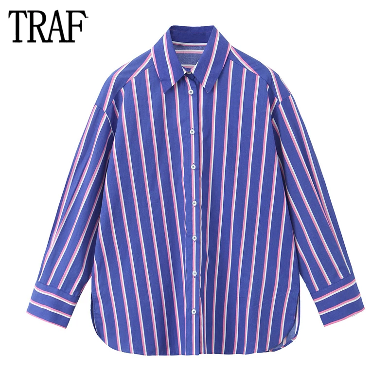 

Рубашка женская оверсайз в полоску, на пуговицах, с длинным рукавом