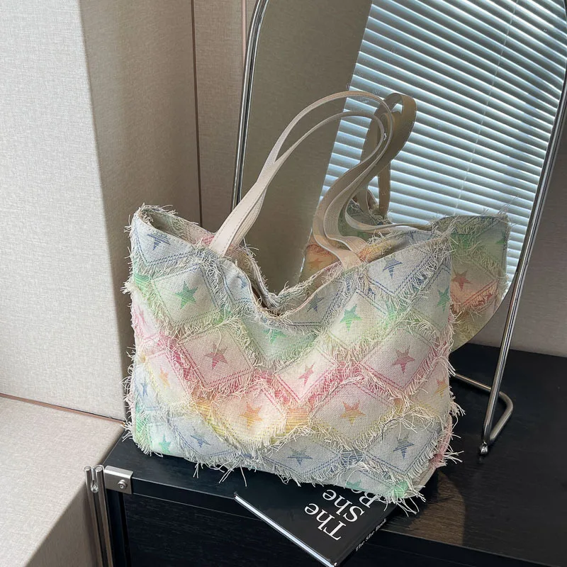 New Fashionable Denim Hole Torn Women's Tote Bag Popular Plaid Single Shoulder Dumpling Bag Star Pattern Versatile Multicolor