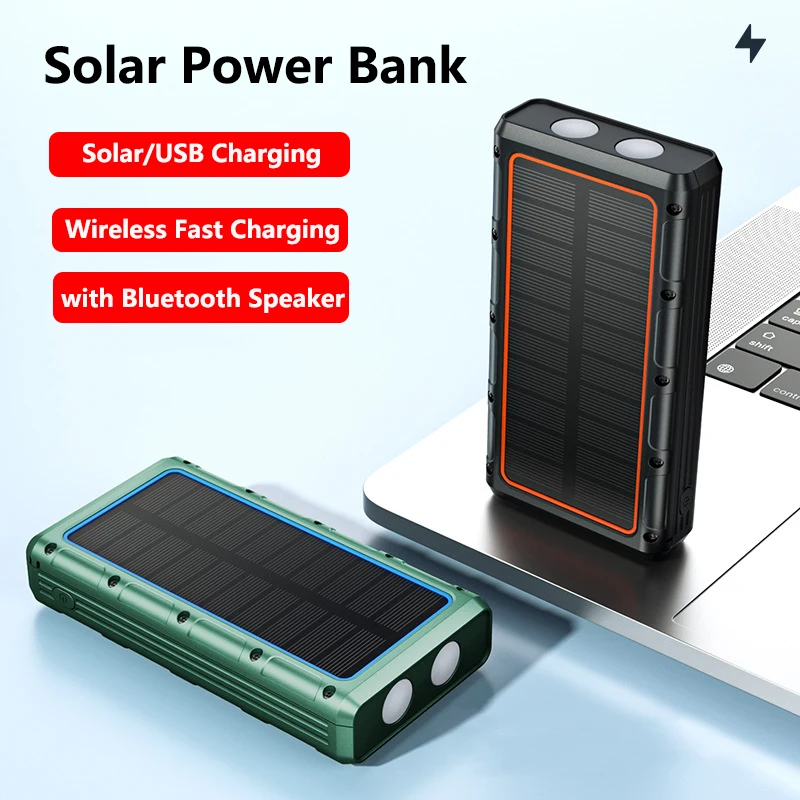 

20000mAh Solar Power Bank with Bluetooth Speaker 10W Qi Wireless Charger Powerbank for iPhone 14 Xiaomi Samsung Huawei Poverbank