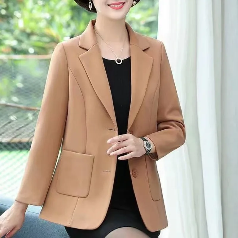 Spring and Autumn Women's Solid Color Suit Collar Pocket Button Slim Fit Long Sleeve Coat Fashion Elegant Commuter Casual Tops