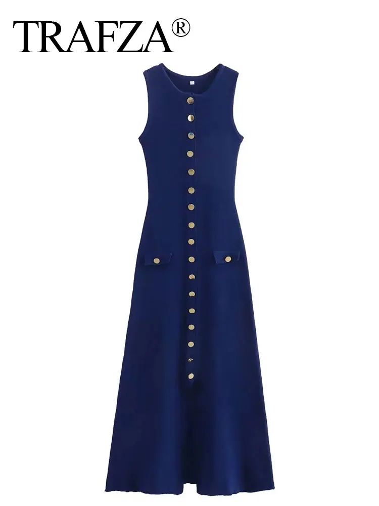 HH Women Elegant Solid Knitted Dress Single Breasted O Neck Sleeveless Dresses With Pockets Slim Midi Dress Office Lady