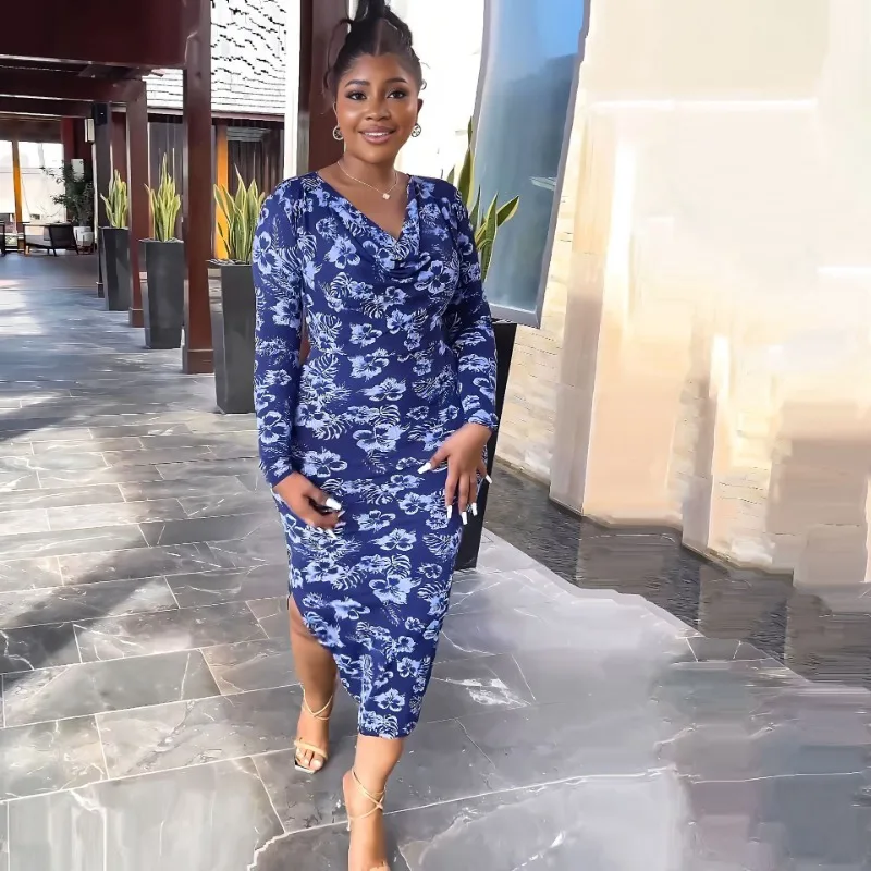 

Женское облегающее платье Wepbel Y2K с длинным рукавом, с принтом, с высокой талией, с Боковым Разрезом, тонкое миди-платье с V-образным вырезом, облегающее платье-футляр с высокой талией