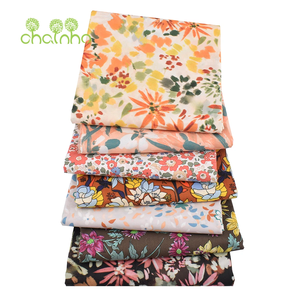 Chainho,Printed Plain Weave Poplin Cotton Fabric,DIY Quilting Sewing Material,Patchwork Cloth,Brown Flower Series,3 Sizes,15PC41