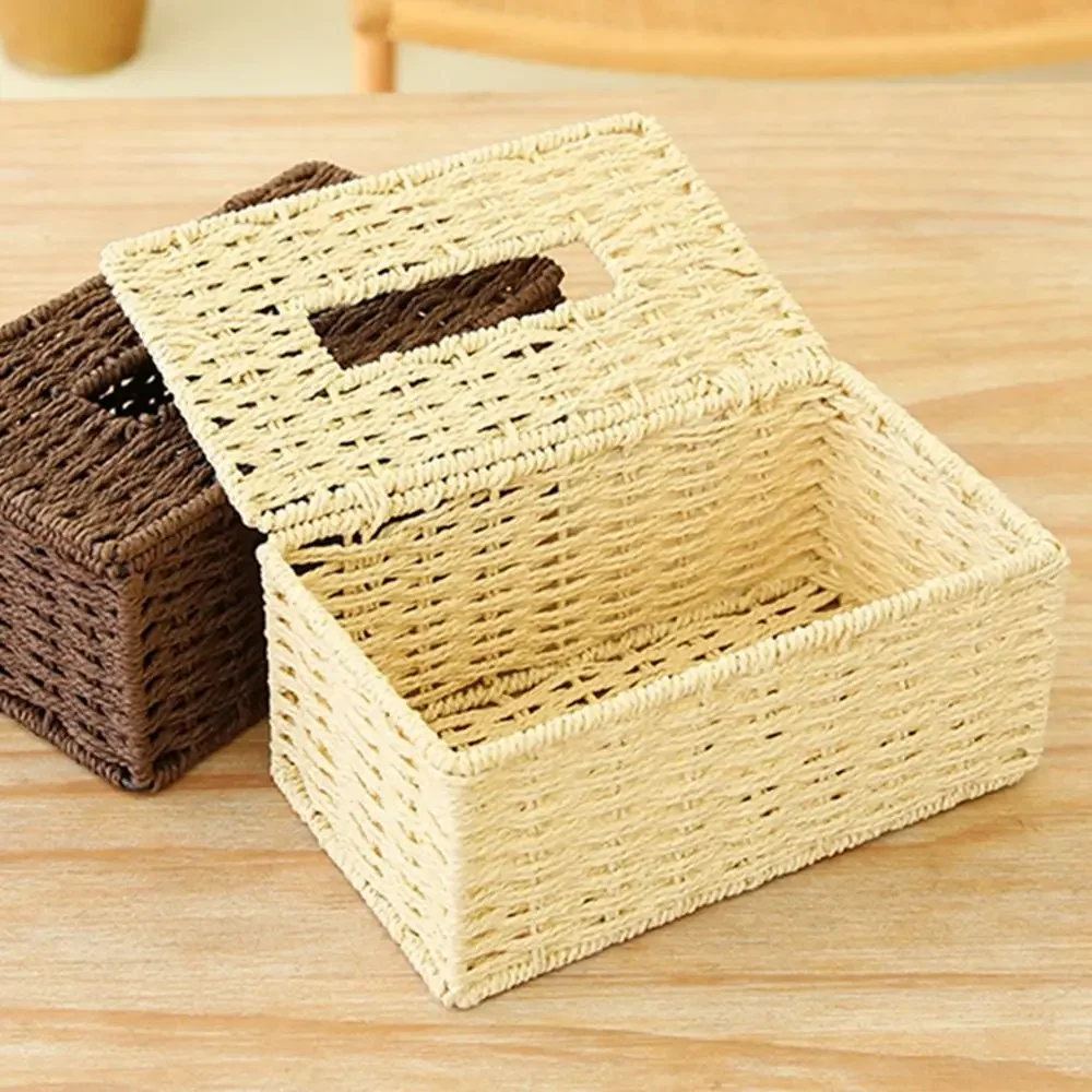 

Rattan Tissue Box Vintage Napkin Holder Case Clutter Storage Container Cover Living Room Desk Decoration