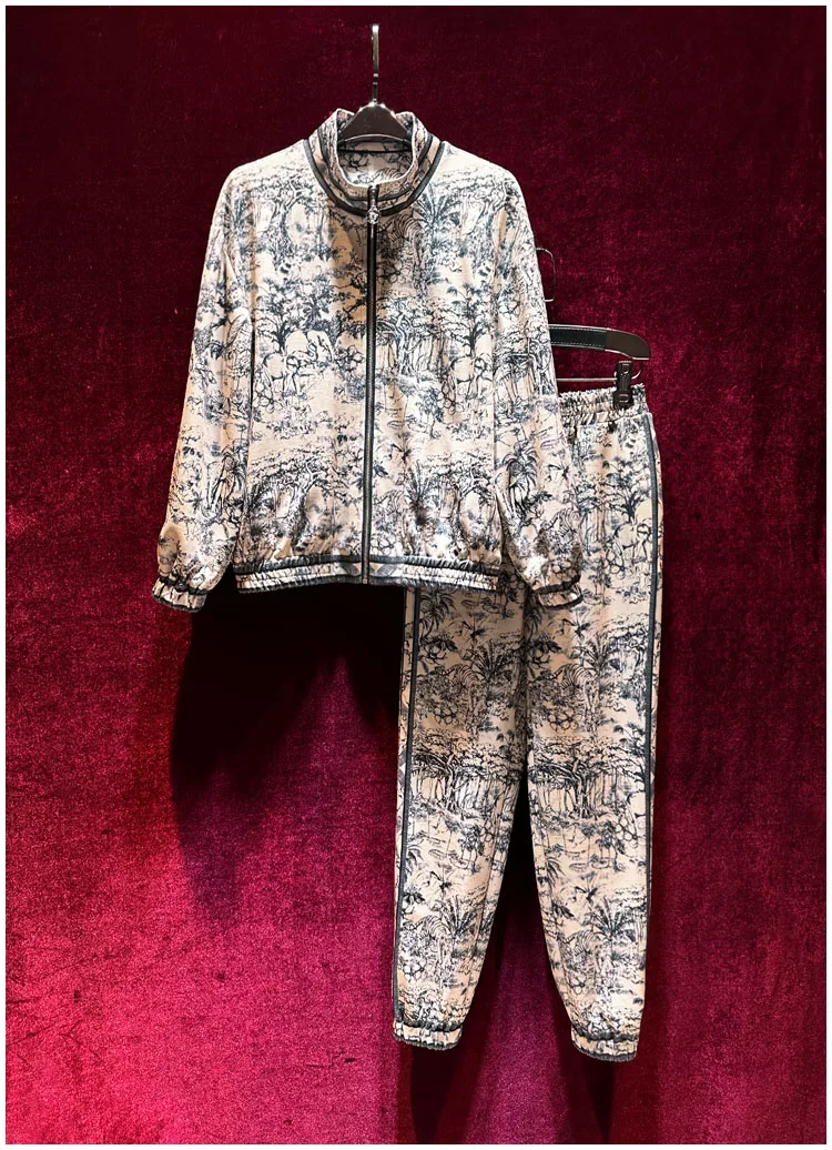 

European and American women's dress 2023 winter new Long-sleeved stand-up collar printed zipper jacket Ninth pants Fashion suit