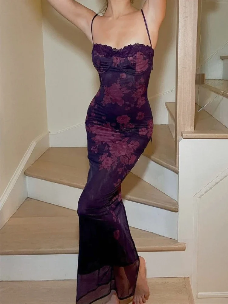 Back Slit Maxi Dress Women Lace Backless Streetwear Vintage Dress Purple  Floral Printed Vestidos De Mujer Tie Evening Clothing