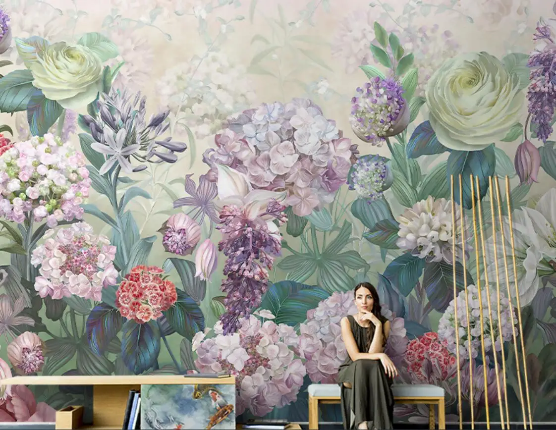 

European retro idyllic flower country wallpaper hand painted rose mural living room TV background papel de parede