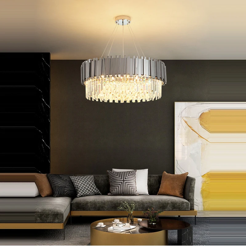 LED Gold Chrome 2 Layer Crystal Ceiling Chandeliers 2024 New Trend Lighting Lustre Suspension Luminaire Lampen For Living Room