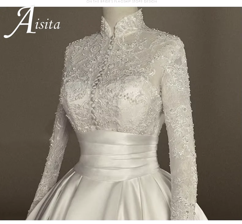 A-Line Satin High Neck Long Sleeves 2025 A Line Bridal Gown Appliques Bride Dress Vintage Princess Bridal Gown Customized
