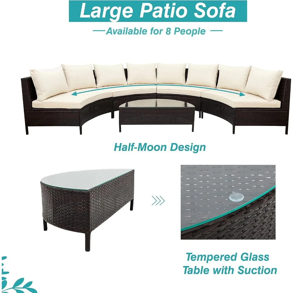 5-Piece Half Moon Outdoor Sectional Sofa Set,Cushions and Half-Moon Tempered Glass Table, Patio All-Weather PE Wicker Furniture 3