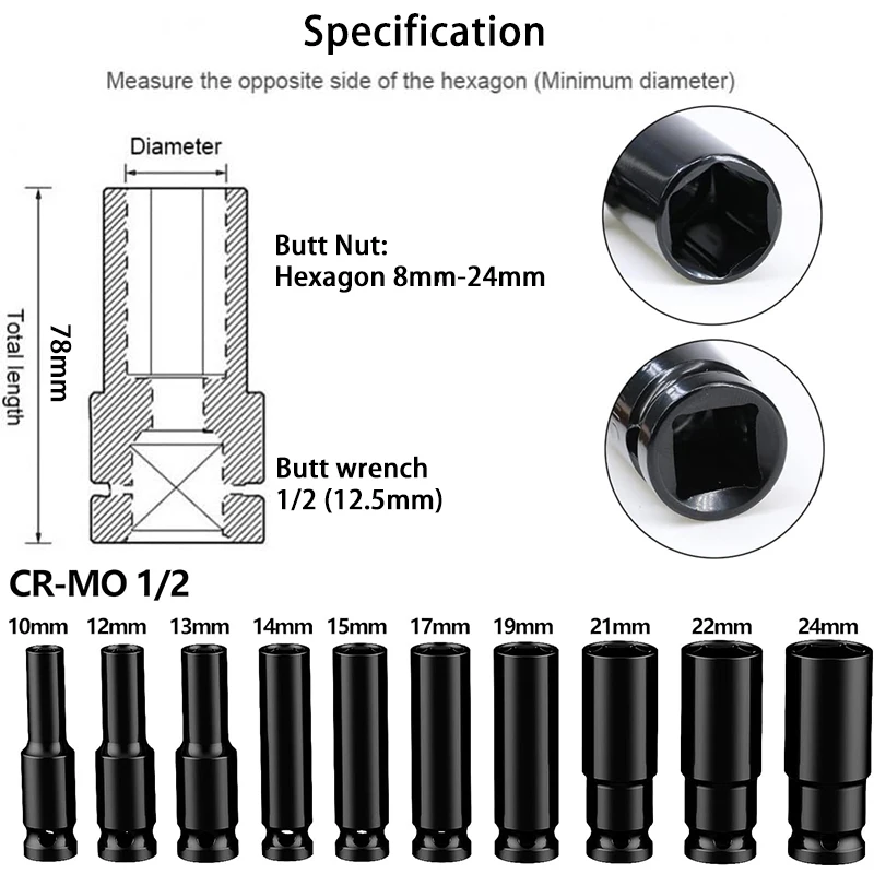 Electric Wrench Socket Set 1/2" Impact Deep Socket Set 10Pcs Durable Reliable Drive Cr-Mo Steel for Professional Repair DIY 2