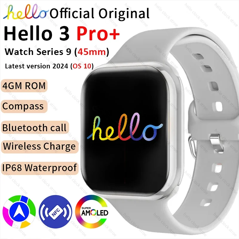 Hello 스마트 워치 3 Pro Plus 시리즈 9, AMOLED 4G ROM, NFC 나침반 시계, 블루투스 통화 스마트워치, IOS, 남녀공용, 45mm, 2024, 신제품