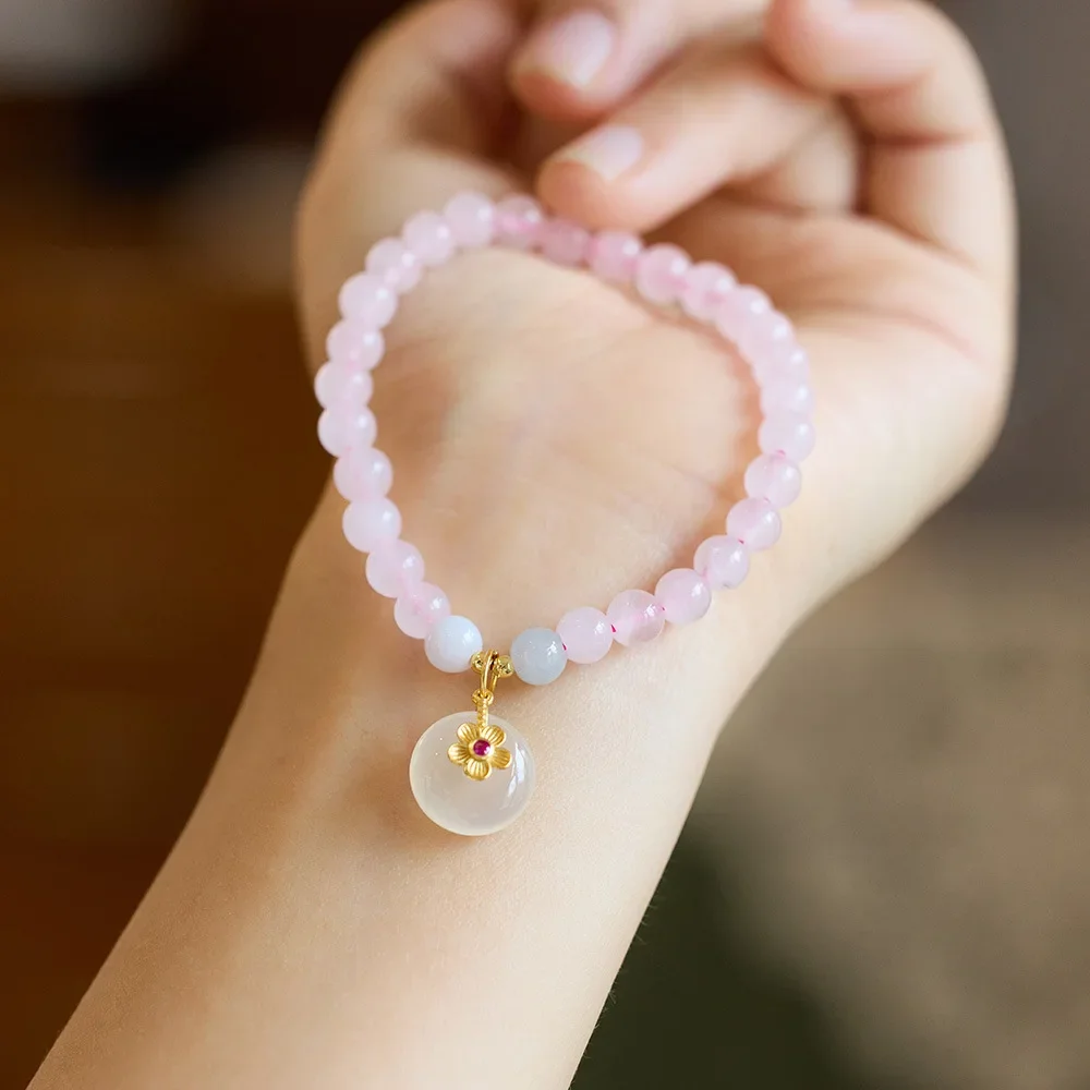 

Natural 6MM Rose Quartz Bracelet with Jade Pendant Causal Beads Hand Accessories Carnelian Lotus Flower Bangle Gift for Women