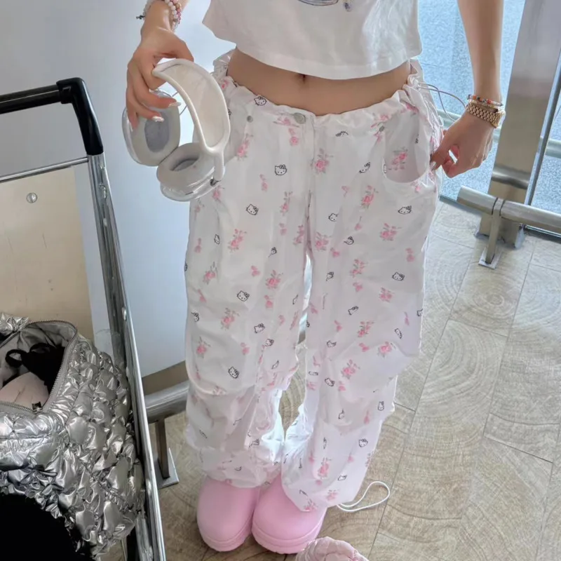 Kitty Floral Long Pants Rivet Pants Summer 2024 Sanrio Casual Drawstring Printed Wide Leg Pants High Waisted Straight Leg Pants