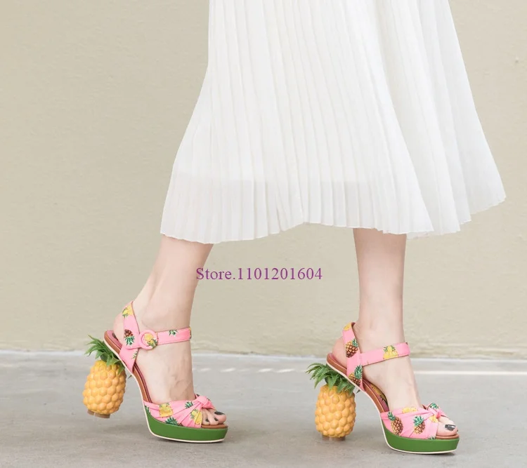 

Women Summer Graffiti Pineapple Fruit Color Brand Design Sandals Strange Style High Heels 3D Print Slingback Buckle New Shoes