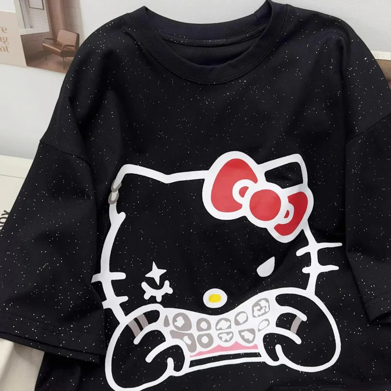 

Hello Kitty Y2k Sanrio Black T-Shirts Kawaii Cartoon Diamonds Design Tops Streetwear Summer Tees Casual O-neck Shirts for Women