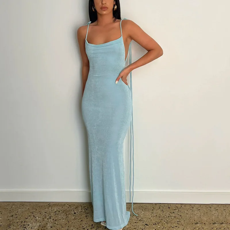 

Bohemian Sexy Backless Slim Sleeveless Asymmetrical Slip Maxi Dress 2023 White Blue Orange Night Club Party Women Clothes