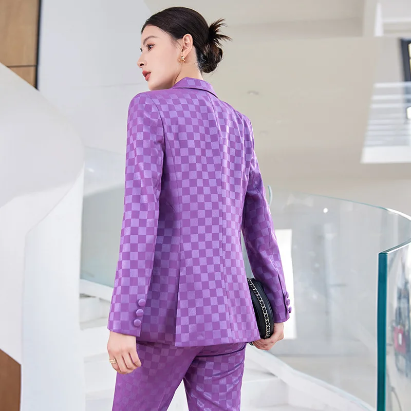 Tesco Casual Women Pantsuit 2PCS Double Breasted Blazer Flare Pant Plaid Suit Set Formal Office Lady Chic Business ropa de mujer