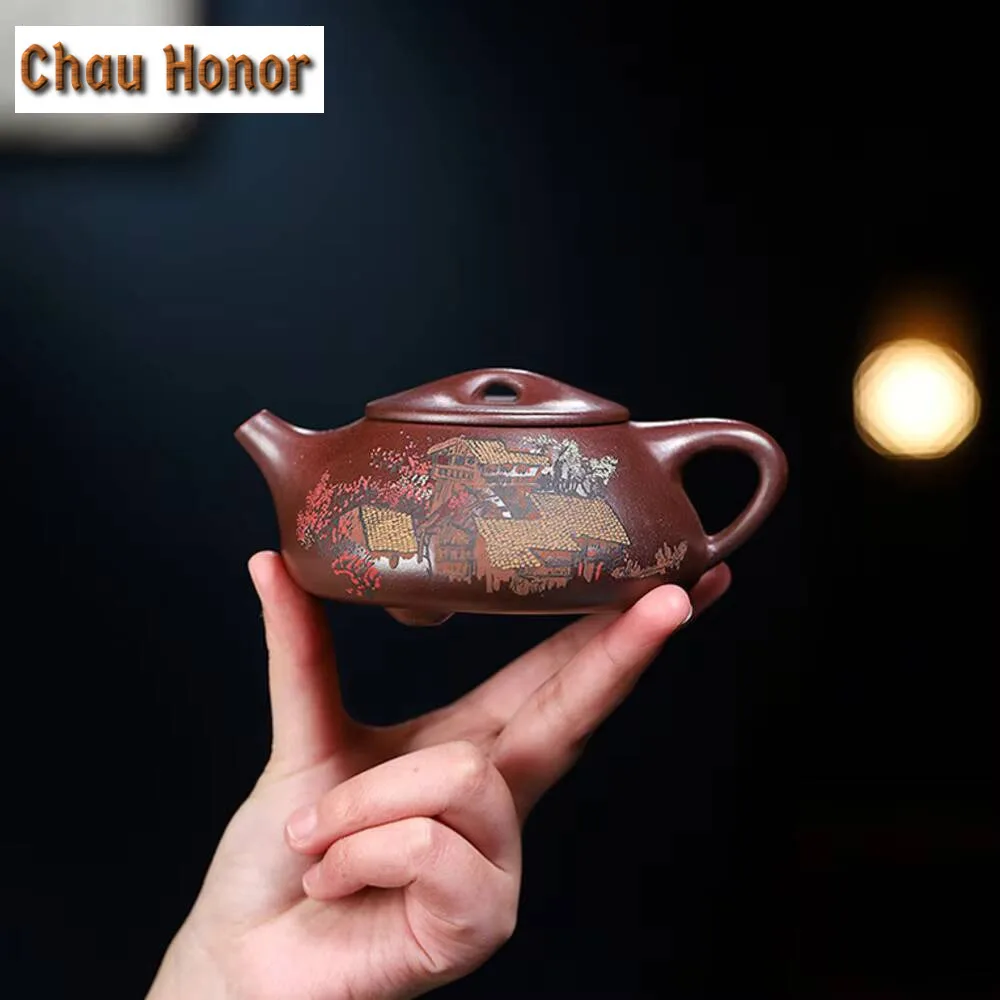 240ml Yixing Purple Clay Teapots Famous Handpainted Stone Scoop Tea Pot Raw Ore Purple Mud Kettle High-end Zisha Tea Set Gifts