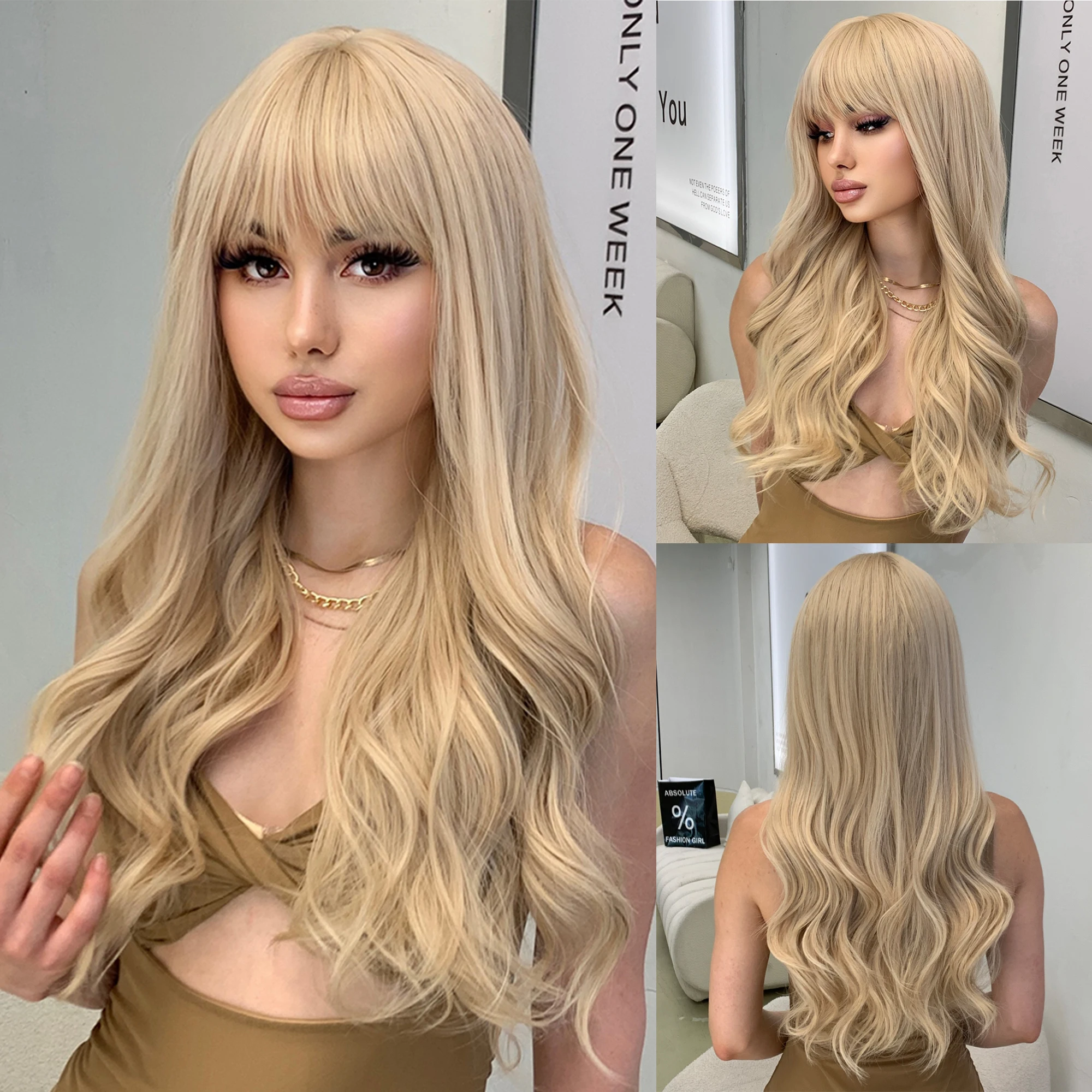 

Sandy Blonde Golden Wavy Synthetic Wigs with Long Bangs Cosplay Lolita Party Hair Wigs for Women Natural Heat Resistant