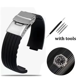 Enhanced Sports Waterproof Silicone Watch Band with Striped Design - Fits 22x11mm, 24x12mm, and 24x12mm Convex Strap Sizes - 24mm - 12mm (Black - silver)