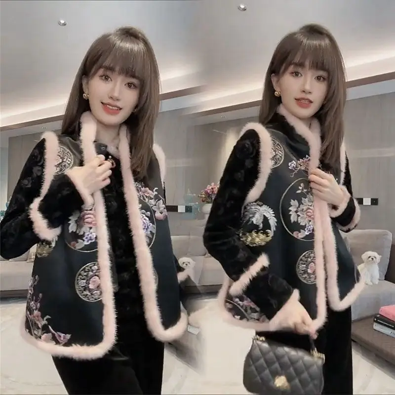 winter chinese style vest women's retro standing collar improved hanfu coat jacquard tangsuits vest women Printing jacket
