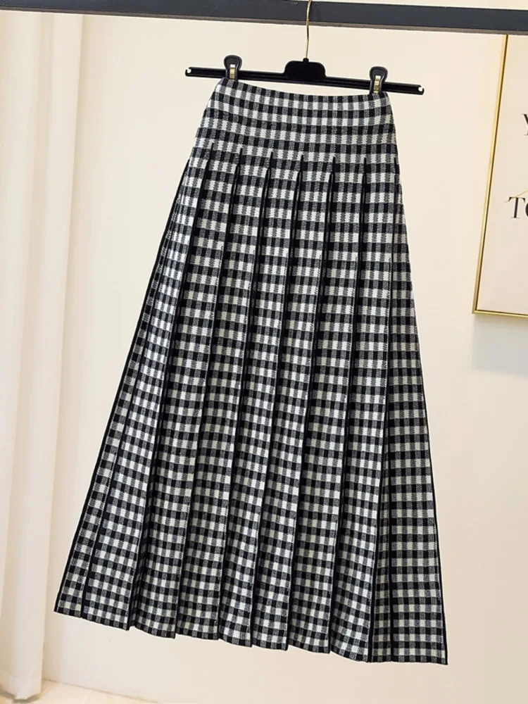 

Knitted Skirts 2023 Winter Thicken Warm Vintage Plaid Pleated Knitting Long Skirts For Women Korean Chic High Waist A-line Skirt