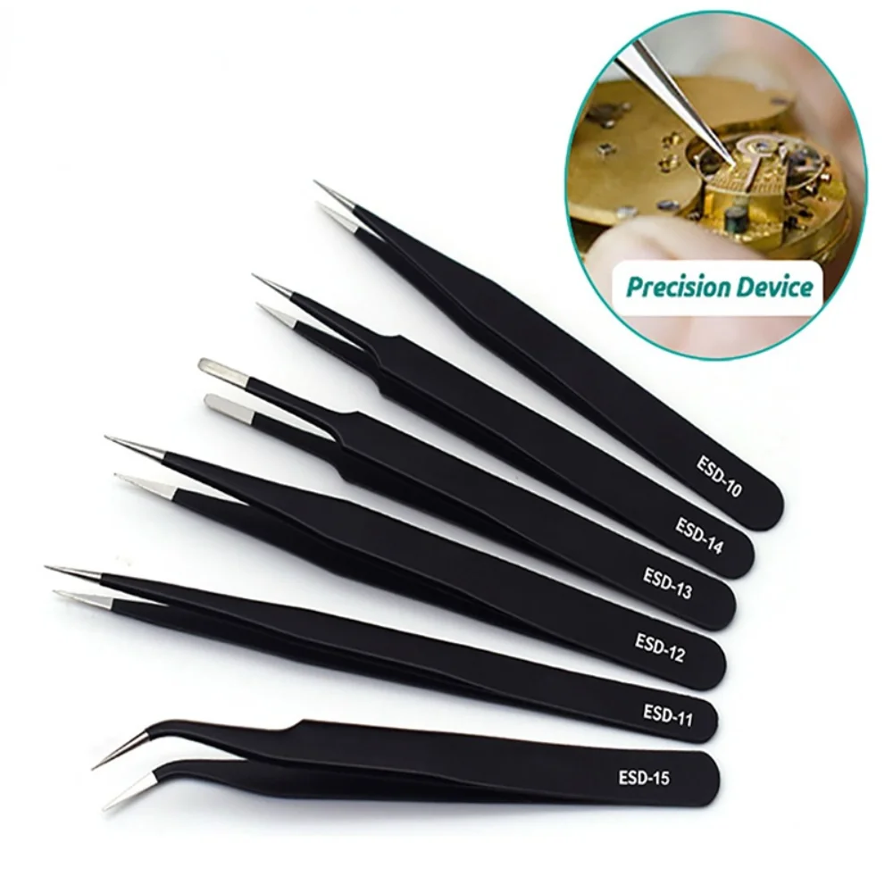 Description Picture 2 of itemESD Anti-Static Stainless Steel Tweezers Precision Maintenance Industrial Repair Curved Tool Home Working Model Making Hand Tool