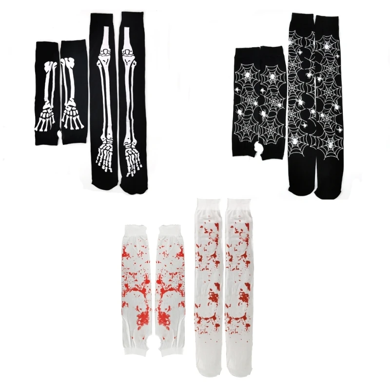 2 Pairs Halloween Party Skeleton Spiders Web Bloody Sleeve Socks Set Halloween Knee Stockings Halloween Product Props