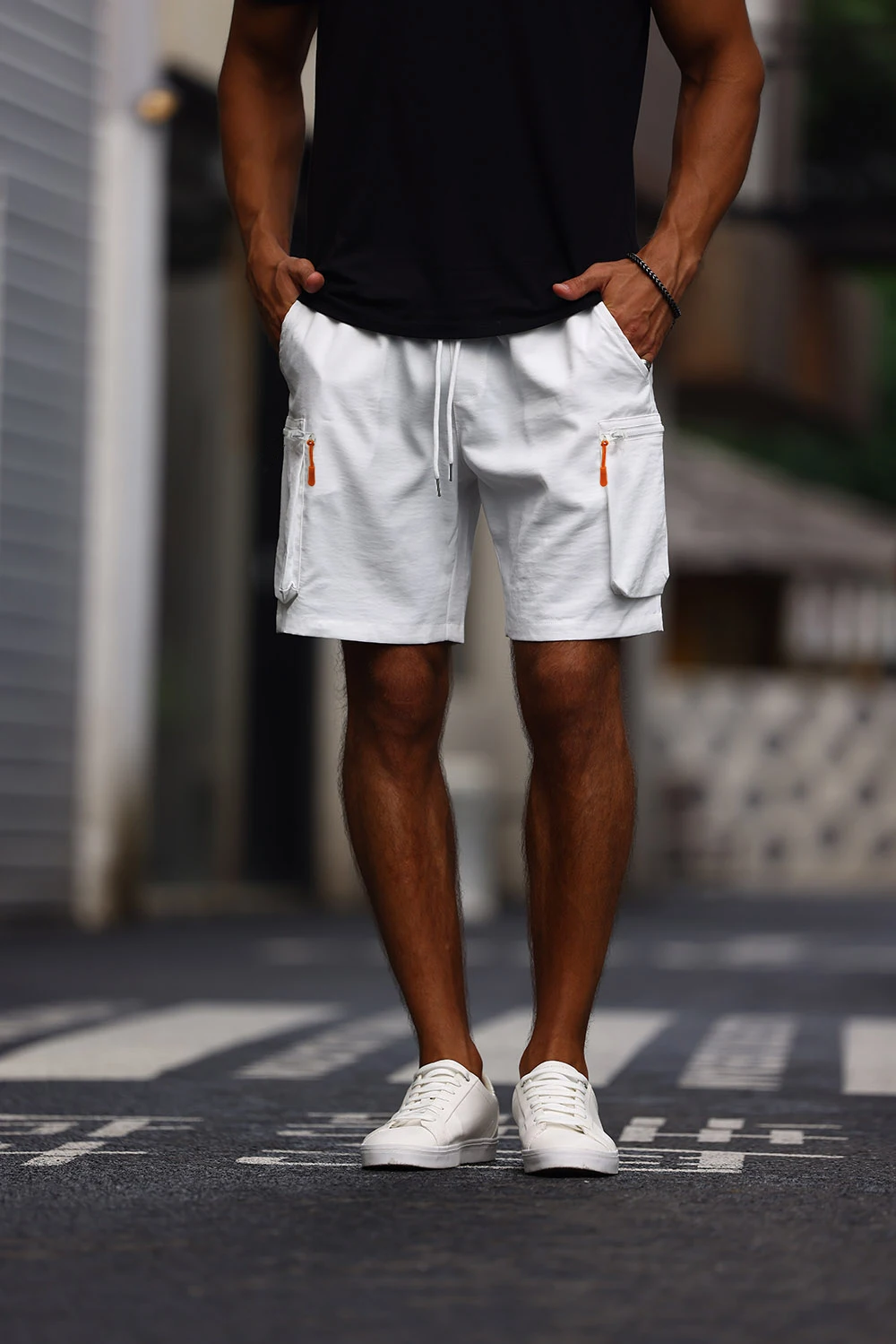 White Zipper Cargo Shorts With Contrast Pockets for Men 6