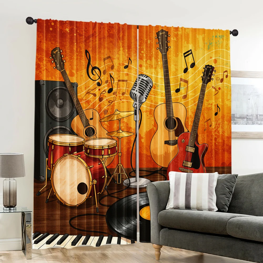 2pcs, spring summer Curtains Music theme, guitar, mic, record Light Filtering Sheer Curtains Versatile Polyester Fabric Room 6