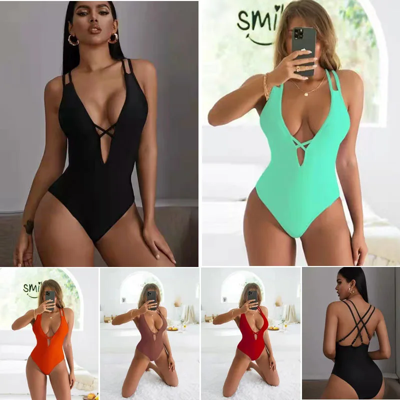 

2023 New Sexy Patchwork Swimwear Women One Piece Swimsuit Female Deep V-neck Bathing Suit Beach Wear Push Up Monokini Swim Wear