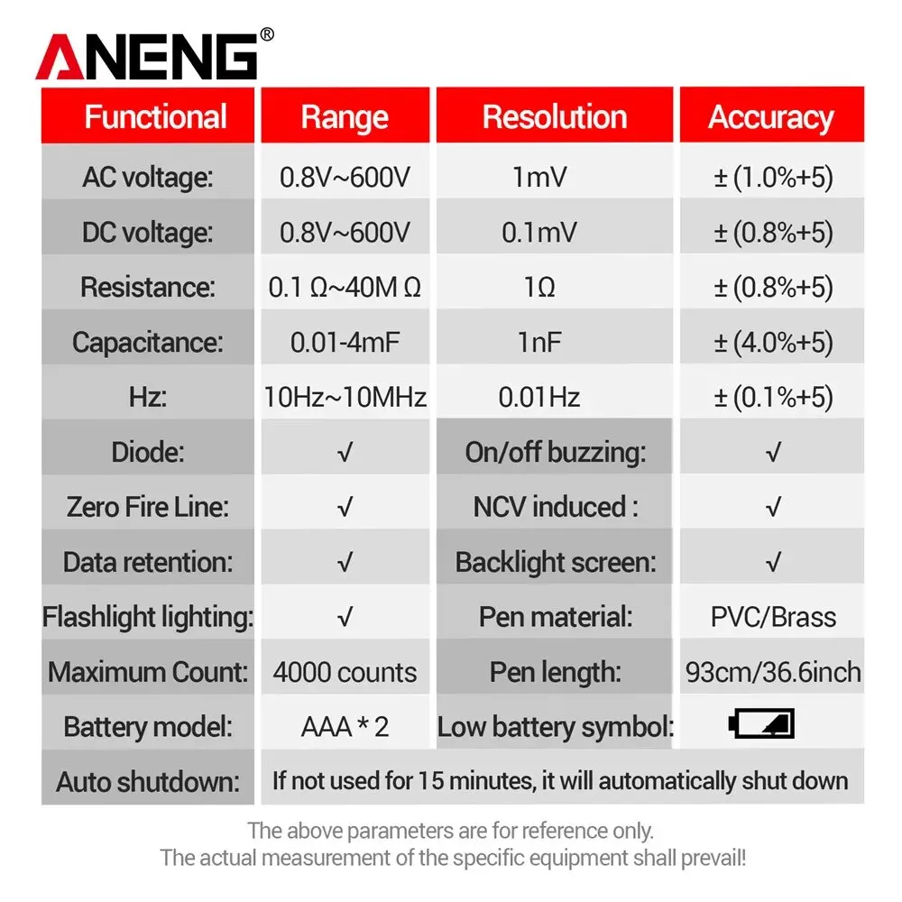 Digital Multimeter ANENG A3006 Pen Type 4000 Counts AC/DC Voltage Meter Tip Test Zero Fire Line High Precision Electric Tools