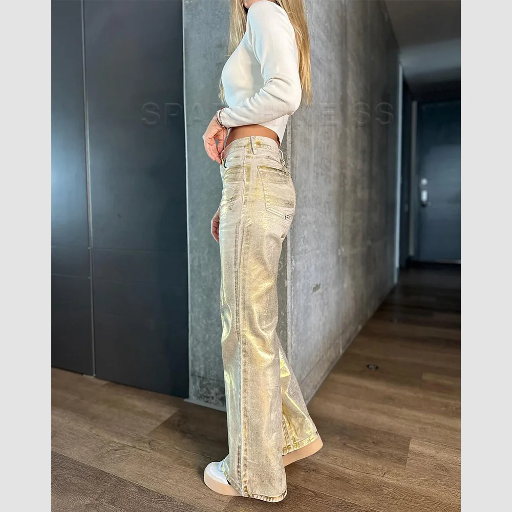 Metallic Y2K Advanced Sense Coating Casual Wide-leg Jeans Female Straight Jeans Loose Hip-hop Streetwear Oversize Denim Trousers 4