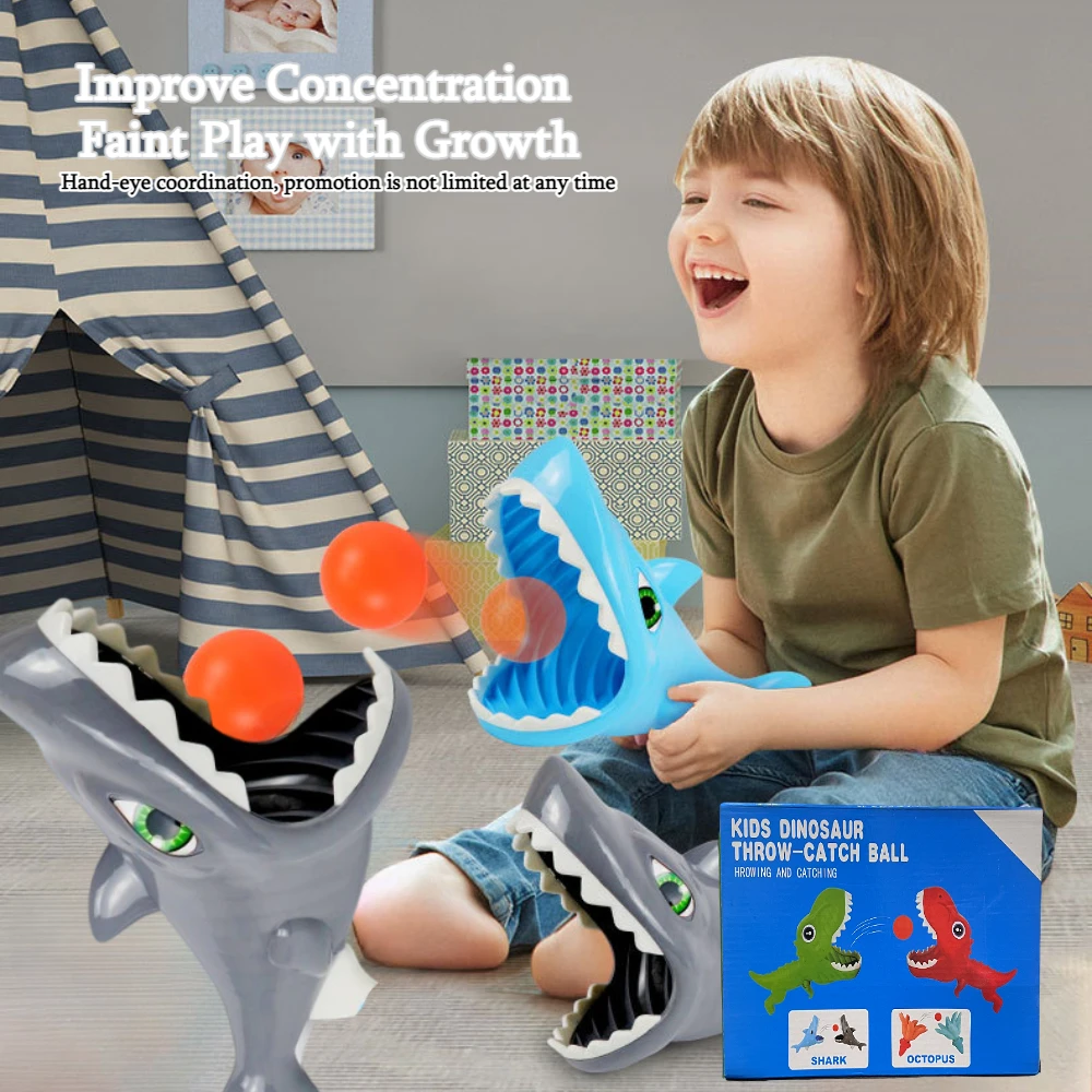 Dinosaur Pop and Catch Toys, Shark Outdoor Games with 2 Catch Cup Launchers and 5 Balls, Press Trigger to Pop - Games for Kids
