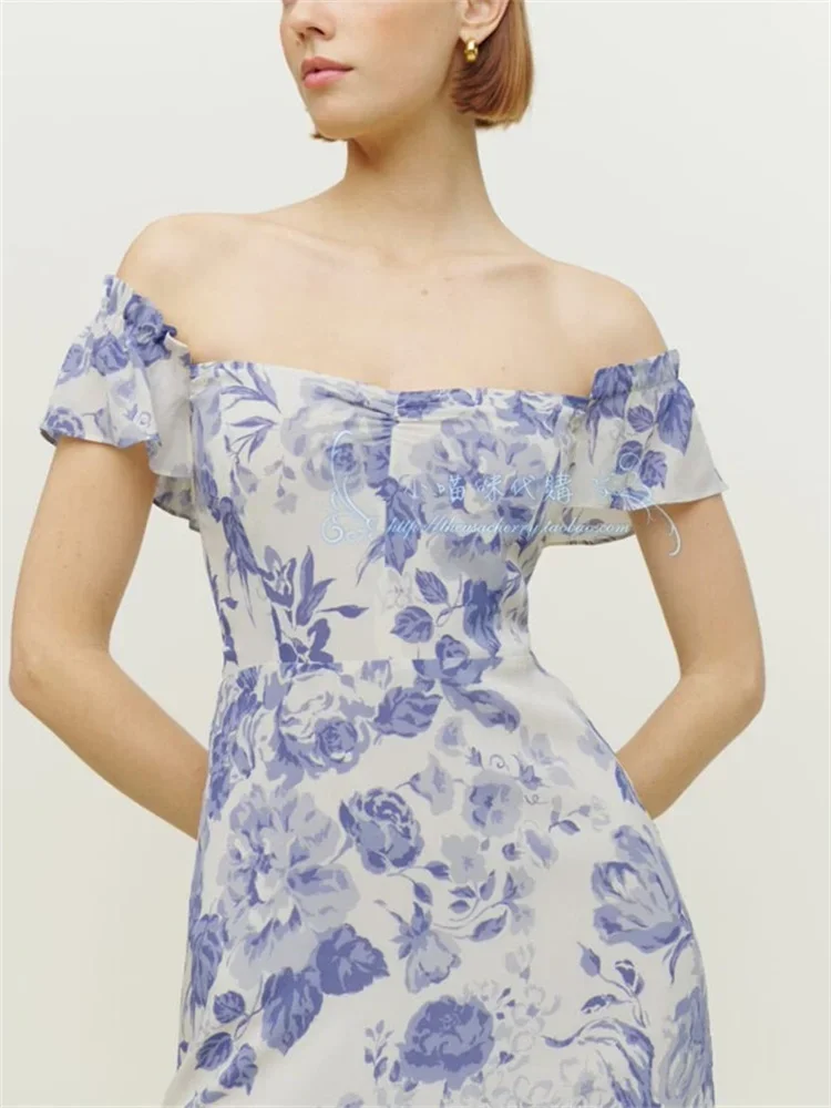 

French Floral Print Strapless Midi Dress for Women Small Flying Ruffles Trim Viscose Long Robes for Holiday Vacation 2024 New