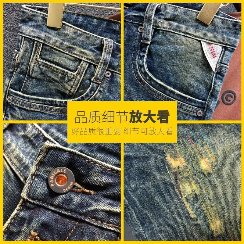 New Kpop Luxury Cowboy Streetwear Vintage Distressed Yellow Denim Shorts Men Summer Knee Length Washed Casual Ripped Short Jeans