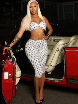 Beyprern Polka Dot Print 2 Piece Set Women Summer Outfits Halter Backless Crop Top and Bodycon Biker Shorts Matching Set 1