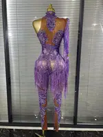 Shining Rhinestones Purple Sexy Tassels Mesh See Through Bodycon Jumpsuit Celebrate Nightclub Party Birthday Photoshoot Wear - Image 6