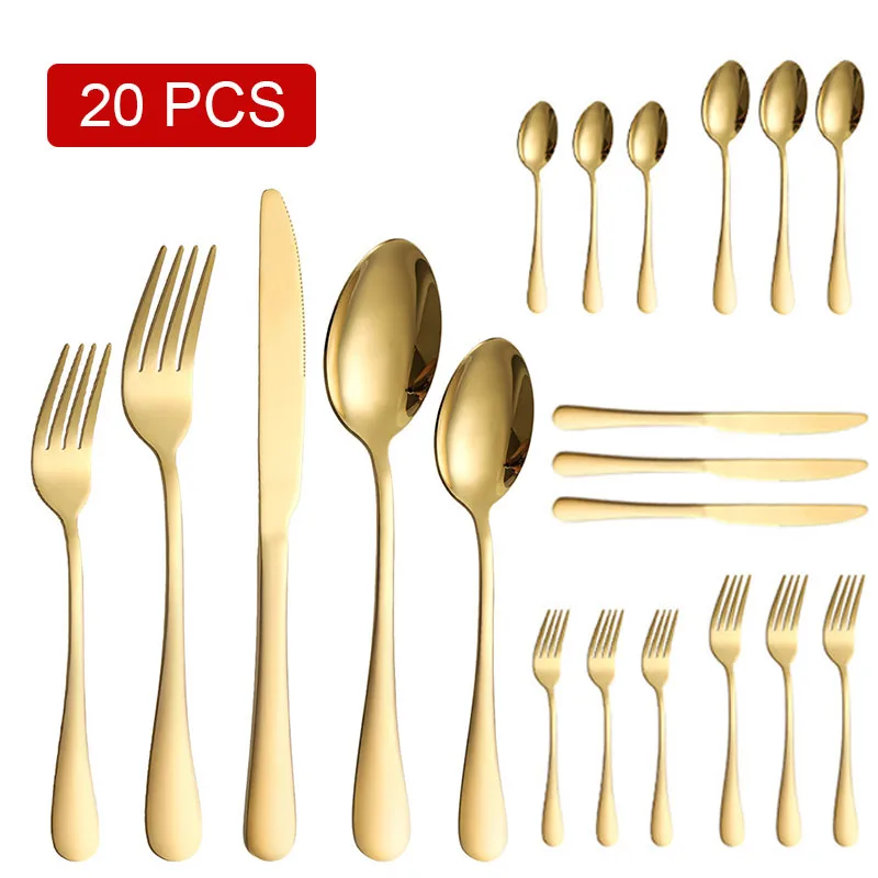 

20pcs Gold Tableware Cutlery Set Stainless Steel Flatware Fork Knife Spoon Restaurant Home Daily Dinnerware Silverware