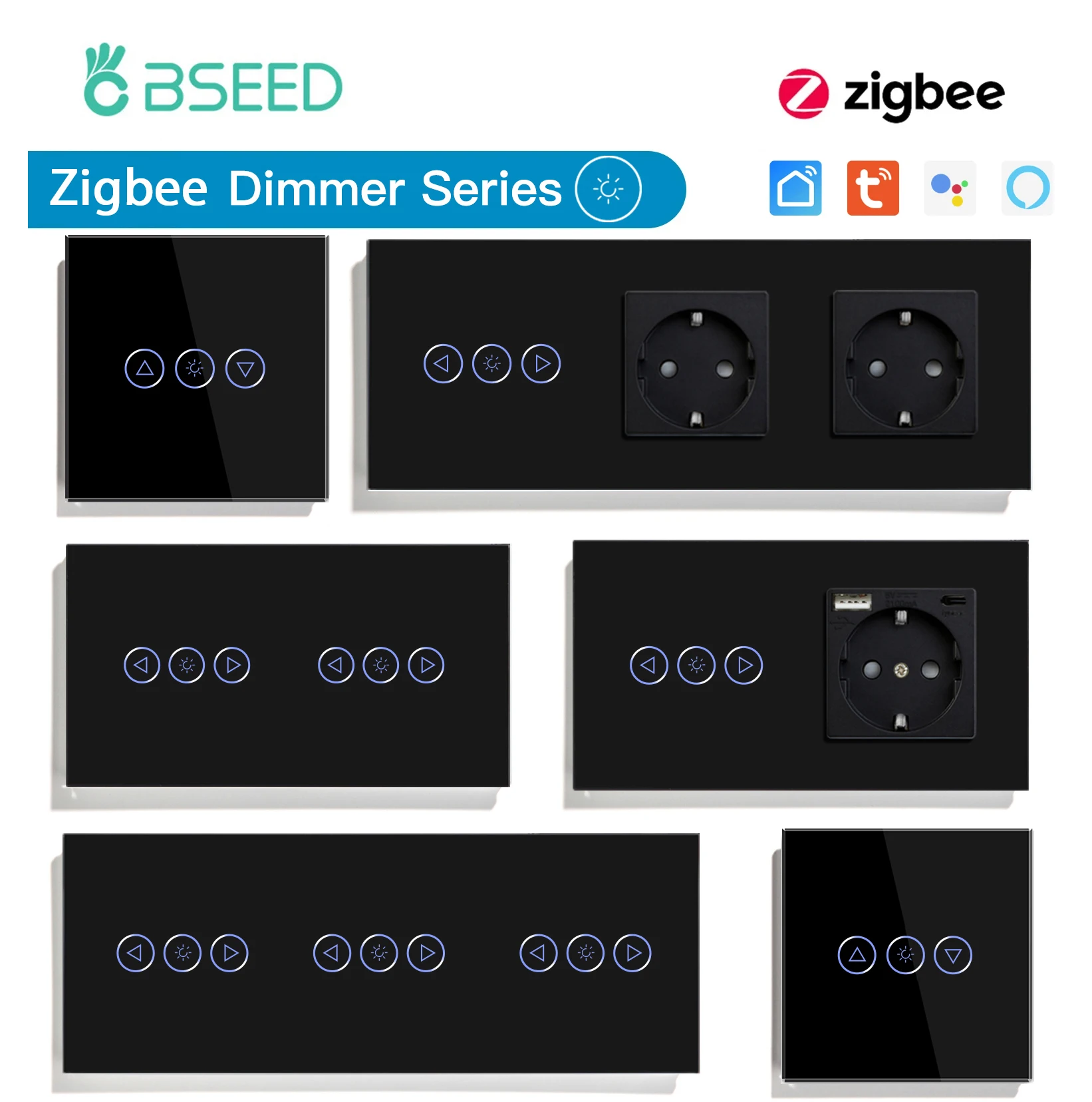 BSEED Zigbee Dimmer Switches Tuya APP Control Smart LED Dimmable Series Glass Google Alexa Smart Dimmer Touch Switches Black