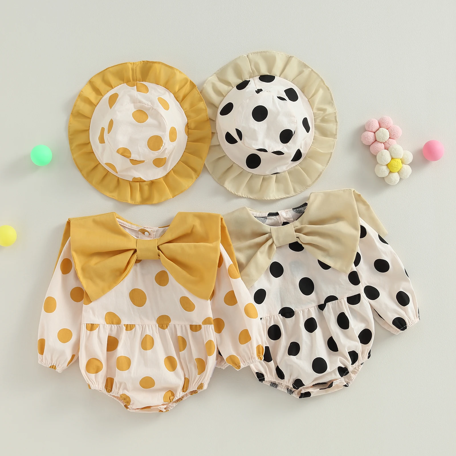 

0-24M Newborn Baby Girls Autumn Casual Romper Long Sleeve Round Neck Dot Print Playsuit with Headband Set Kids Clothes
