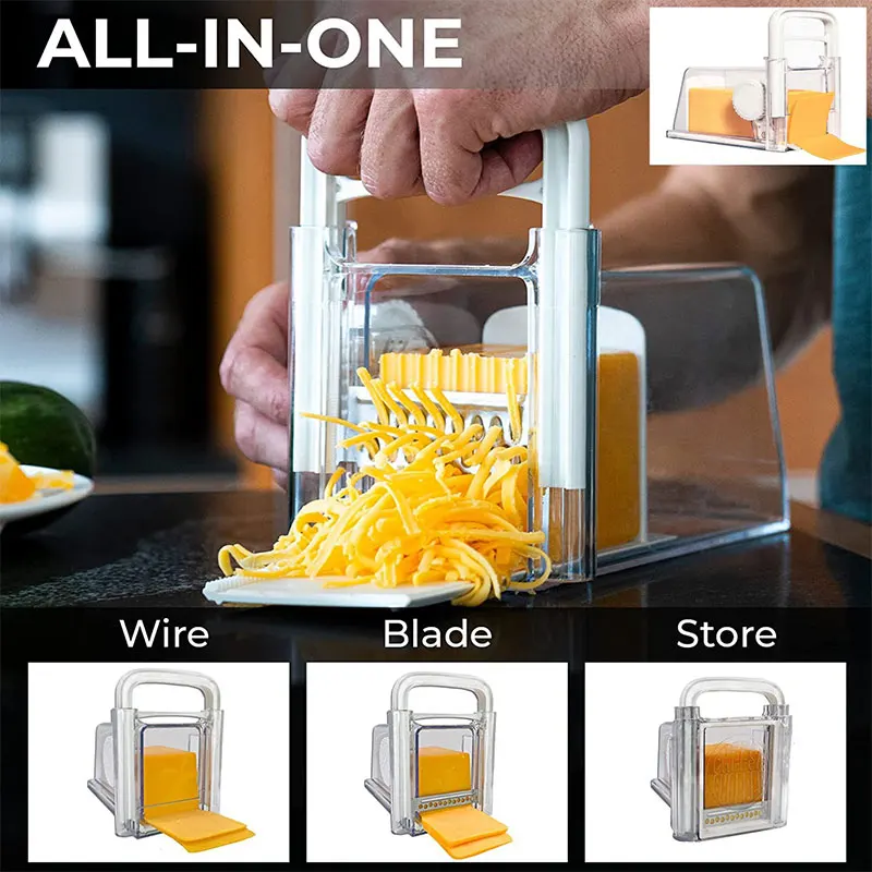 Cheese Slicer 4 in 1 Cheese Cutter with Container 3 Metal Blades Kitchen Cheese Slicer Chopper Grater Butter Box Storage Container