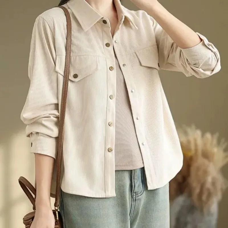 Women's Fashion Corduroy Long-Sleeve Casual Loose-Fit Versatile Blouse