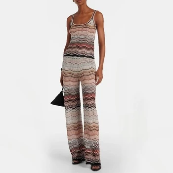 Women's Brown-Orange Gray Chevron Stripe Sleeveless Tank Top & Wide-Leg Pants 2-Piece Set Fashion Daily Wear 2025 Trendy Chic 1